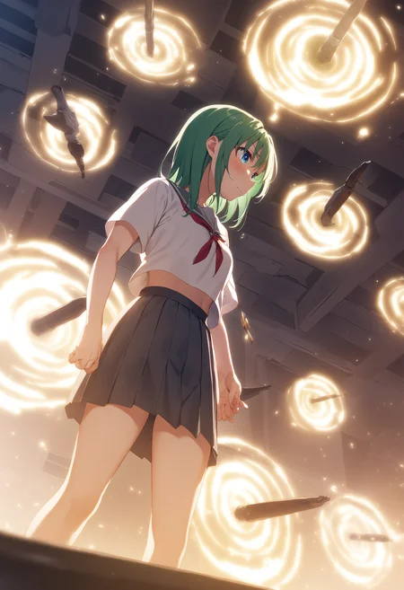 1girl,sincos, ningen mame, toosaka asagi,solo,medium breasts,school uniform,
gate of babylon, floating weapon, multiple weapons,glowing,<lora:gateofbabylon_XL_v1:0.7>
ceiling, wide shot, looking away, confused, aqueduct, closed mouth, single hair,, green hair,
best quality, very aesthetic, absurdres,