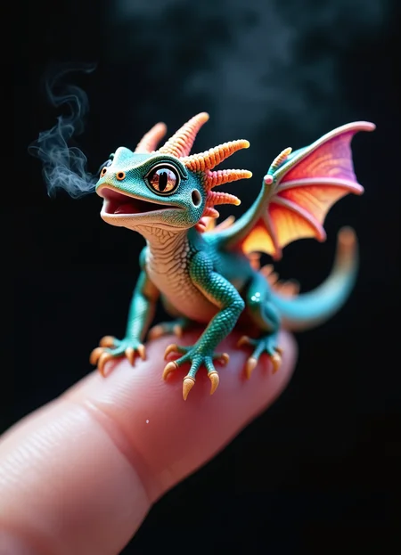 Miniature dragon perched on fingertip, hyper-realistic 3D render. Vibrant iridescent scales, rainbow-colored wings. Spiky crest, sharp claws. Breathing tiny flame. Wide-eyed expression, mouth open. Detailed texture, lizard-like features. Dark background, dramatic lighting. Fantasy creature, macro photography style