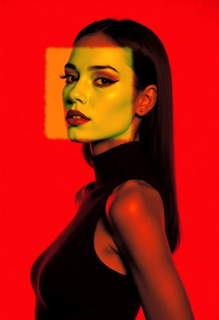 Modern Dreamcore Dark Fantasy,, High quality, ultra-detailed, digitally manipulated photograph, bold color contrast, modern minimalism — The image features a South American woman with warm, rich brown skin, captured in high contrast black and white, set against a solid, vibrant crimson background. A striking yellow geometric overlay, resembling a square, covers the left side of her face, contrasting sharply with the monochromatic tones of the photograph. She wears a black sleeveless top, and her sleek, straight hair falls just below her shoulders. Her eyes, defined with bold eyeliner and long lashes, convey an intense yet playful expression, while her lips, slightly parted, are painted with soft peach lipstick. The yellow overlay has a soft, faded effect, blending seamlessly with the background, adding a graphic, contemporary flair to the image. The composition is sharp, dynamic, and clean, with an emphasis on color contrast and modern graphic design elements.