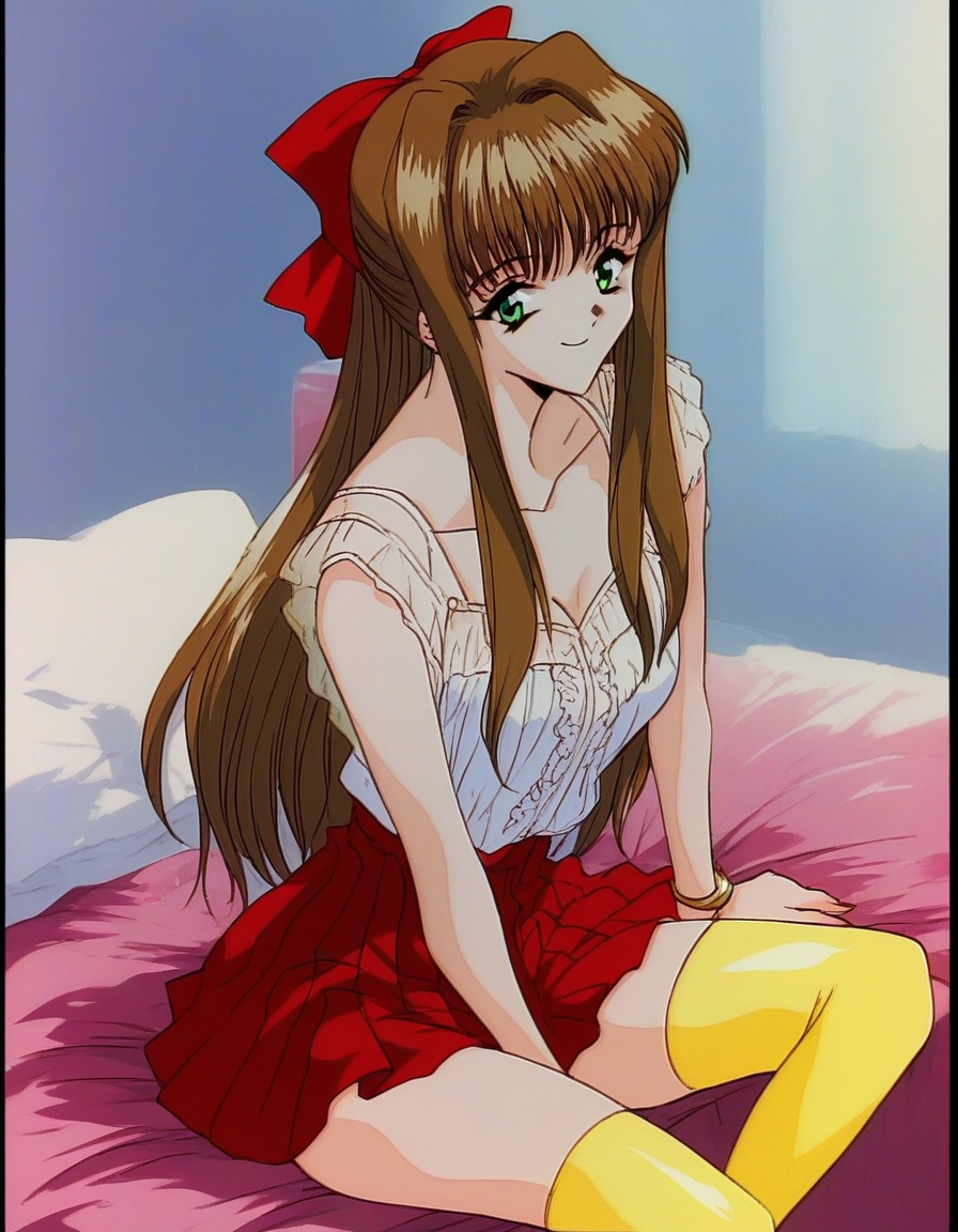 score_9, score_8_up, score_7_up, source_anime, rating_explicit, BREAK  <lora:Imouto_SG_XL:1>Imouto_SG, brown hair, long hair, hair bow, green eyes, red bow, bangs, breasts,
1girl, solo, Yellow thighhighs, sitting, white no sleeve, jewelry, bracelet, red skirt,  bow, smile,  ribbon, looking at viewer
bed room,