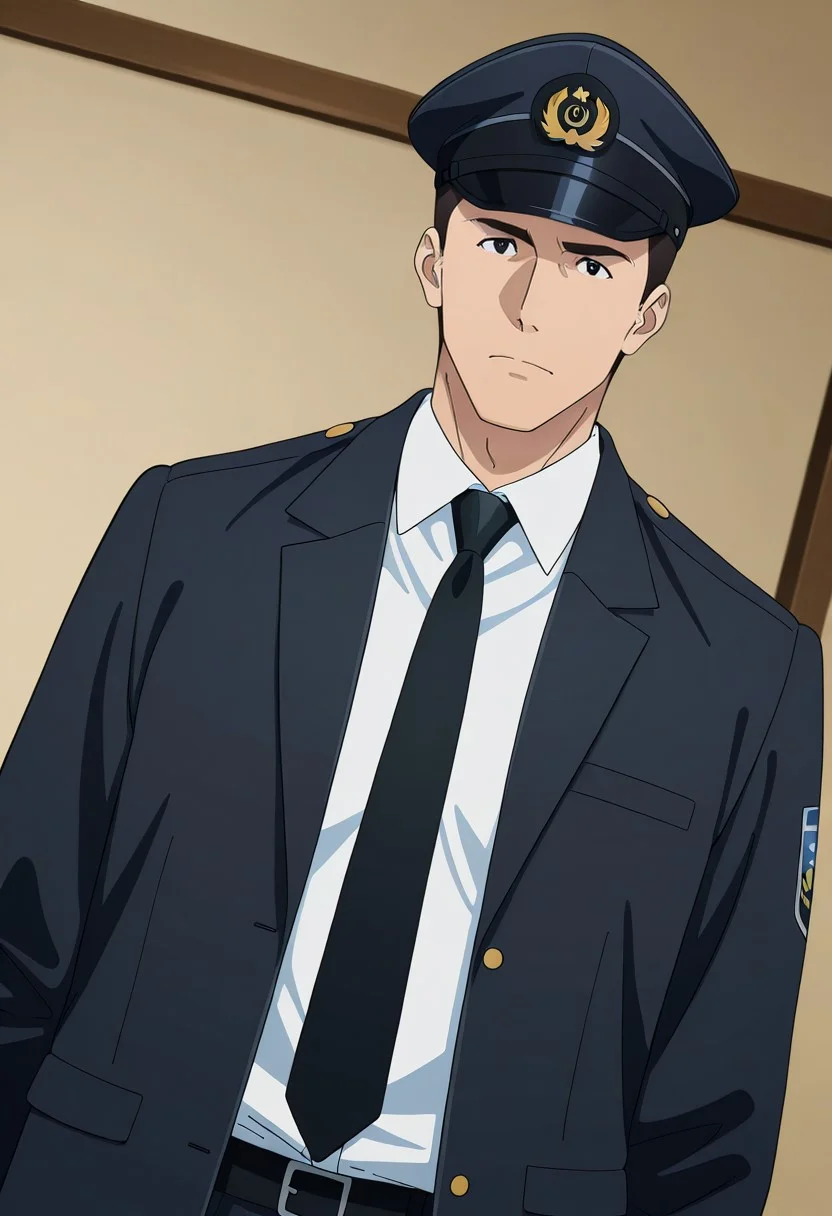 perfect anatomy, perfect proportions, best quality, masterpiece, high_resolution, high quality, best aesthetic, incredibly absurdres, highres, extremely detailed, huge filesize, solo male, adult, mature, masculine, manly, handsome, charming, alluring, standing, upper body, dutch angle, cowboy shot, perfect face, source_anime \(Brave Bang Bravern\), anime coloring \(Brave Bang Bravern\),  BBBSatake, Ryuji Satake, black hair, short hair, black eyes, BBBSatake_outfit05, Japan Self-Defense Force dress uniform, white shirt, black necktie, black jacket, closed jacket, peaked cap