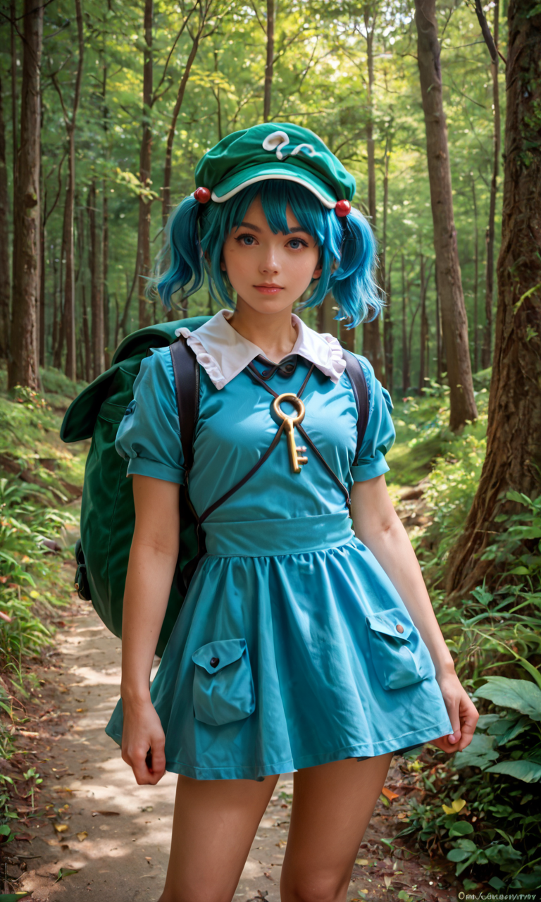 score_9, score_8_up, score_8, score_9, 1 girl,  source_anime,  <lora:nitori_pony-10:1>, kawashiro nitori,  backpack, green hat, blue dress, key, pockets, blue eyes, blue hair, short twintails, hair bobbles, cowboy shot, detailed background, outdoors, forest, cosplay, photo