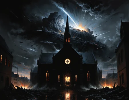 dark (gothique:1.3) (painting) of a meteor crashing into a church