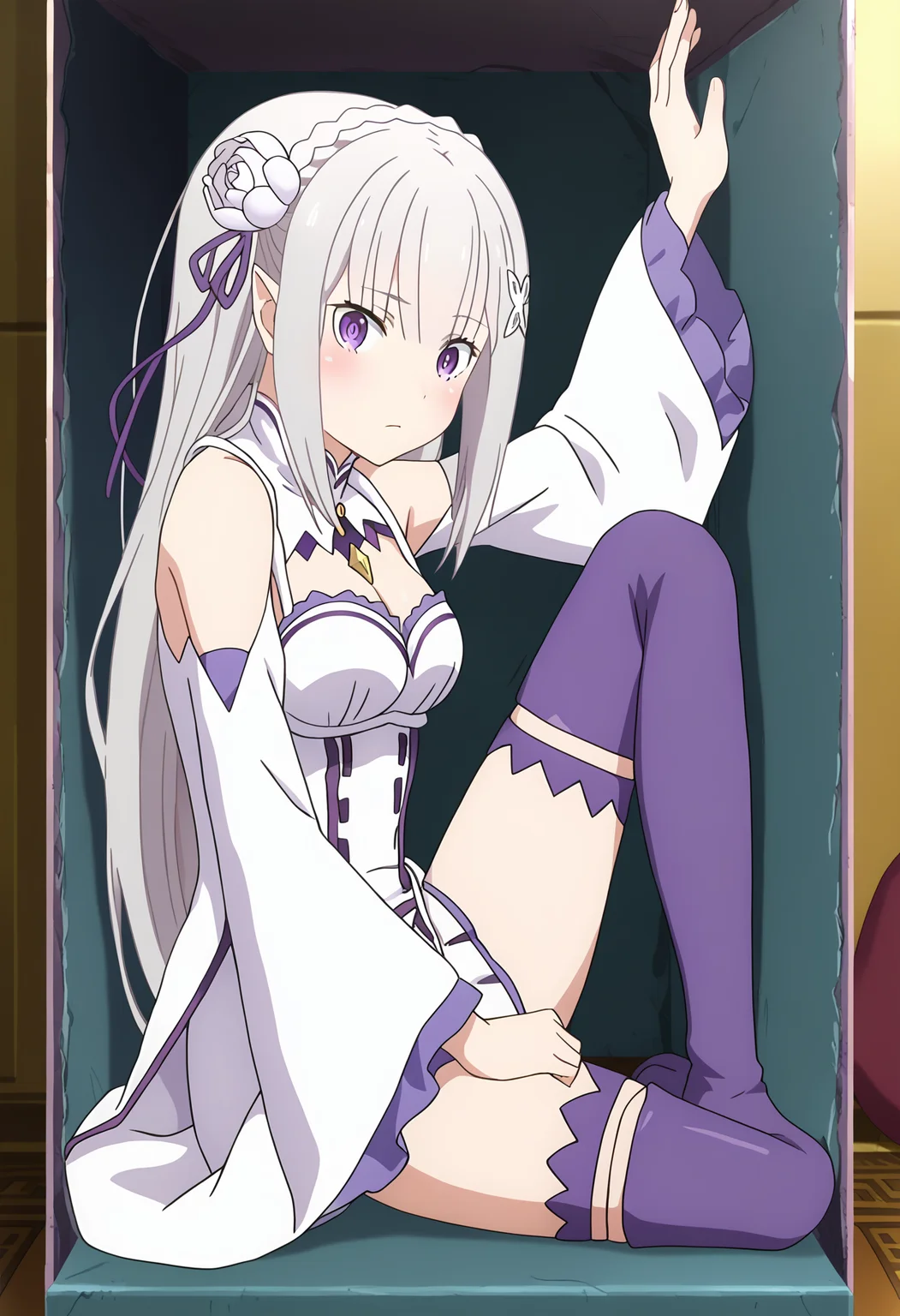 score_9, score_8_up, score_7_up, source_anime,
BREAK
<lora:shiClausTestV1:1>, shiclaustro, looking at viewer, blush, closed mouth, sitting, full body, from side, arm up, expressionless, leg up, knee up, hand on own head, trapped, in container, cramped, restrained, stuck,
1girl, solo,
anime screencap, anime coloring,
<lora:shiEmiliaV2:1> shimilia, long hair, grey hair, purple eyes, pointy ears, crown braid, hair flower, hair ribbon, purple ribbon, x hair ornament, white dress, cleavage, bare shoulders, wide sleeves, white thighhighs, thigh boots,