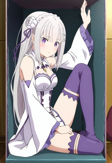 score_9, score_8_up, score_7_up, source_anime,
BREAK
<lora:shiClausTestV1:1>, shiclaustro, looking at viewer, blush, closed mouth, sitting, full body, from side, arm up, expressionless, leg up, knee up, hand on own head, trapped, in container, cramped, restrained, stuck,
1girl, solo,
anime screencap, anime coloring,
<lora:shiEmiliaV2:1> shimilia, long hair, grey hair, purple eyes, pointy ears, crown braid, hair flower, hair ribbon, purple ribbon, x hair ornament, white dress, cleavage, bare shoulders, wide sleeves, white thighhighs, thigh boots,