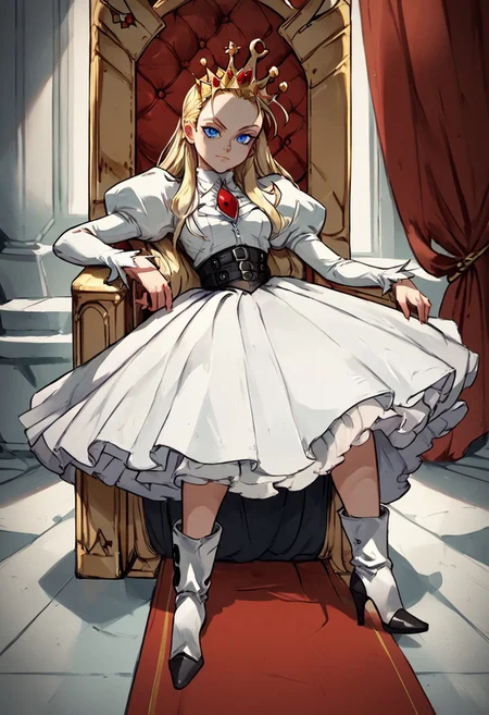 score_9, score_8_up, score_7_up, score_6_up, BREAK,uncensored, throne room, on throne ,1girl, devilotte, long blonde hair, hair slicked back, crown, blue eyes,white suit, high heel boots,