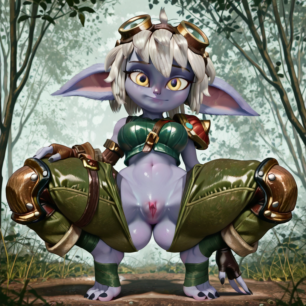 looking at viewer,
forest, 

squatting, from front,


yordle, 1girl, goggles on head, solo, pointy ears, yellow eyes, tristana, furry, short hair, (white hair:1.4), bedroom eyes, ears down, small ears, (abs:0.3), medium breasts, large thighs, bubble butt, medium buttocks, shiny eyes, black finger nails, black toe nails, sharp toe nails, (tall:1.6), nude, smiling,

goggles on head, fingerless gloves, skin-tight clothing, tight fit, crop top, sleeveless green vest, green cargo-style pants, leather wrappings, asymmetrical gloves, padded shoulder strap, tight-fit pants with knee pads, adventurer gear, fantasy outfit, steampunk elements, leather bands on arms and legs, green foot wraps secured to middle toe, gloves