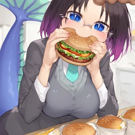 score_9,score_8_up,score_7_up,<lora:elma_(maidragon)_pony:1>, elma_\(maidragon\), masterpiece, highest level of quality, solo, solo focus, 1girl, dragon girl, Elma, office suit, formal, suit, glasses, tail, single horn, shiny skin, sitting at table, big breasts, happy, exited, foodporn, eating hamburger, <lora:_sdxl-dokaguiburger-pony.safetensors:0.6>, windows, detailed food, office breakroom, dutch angle, looking away from viewer, sauce spilling everywhere