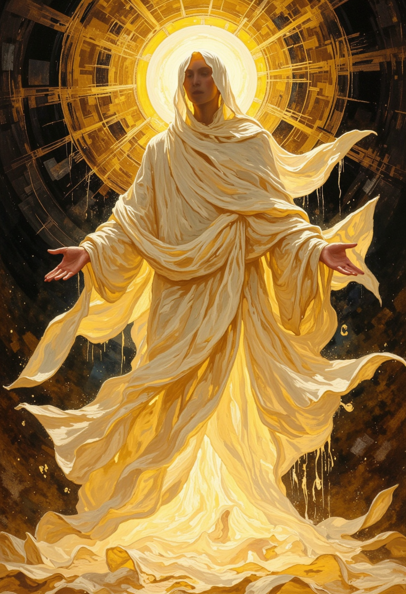 This artwork presents a faceless, robed figure enveloped in luminous, flowing layers of fabric, set against an abstract golden and dark background. The ethereal design, soft color palette, and glowing halo create a serene, divine atmosphere, evoking themes of enlightenment, purity, and transcendence. The combination of fluid textures and radiant light establishes a sense of otherworldly peace and spiritual grandeur, making the figure appear as a celestial or symbolic embodiment of higher power.