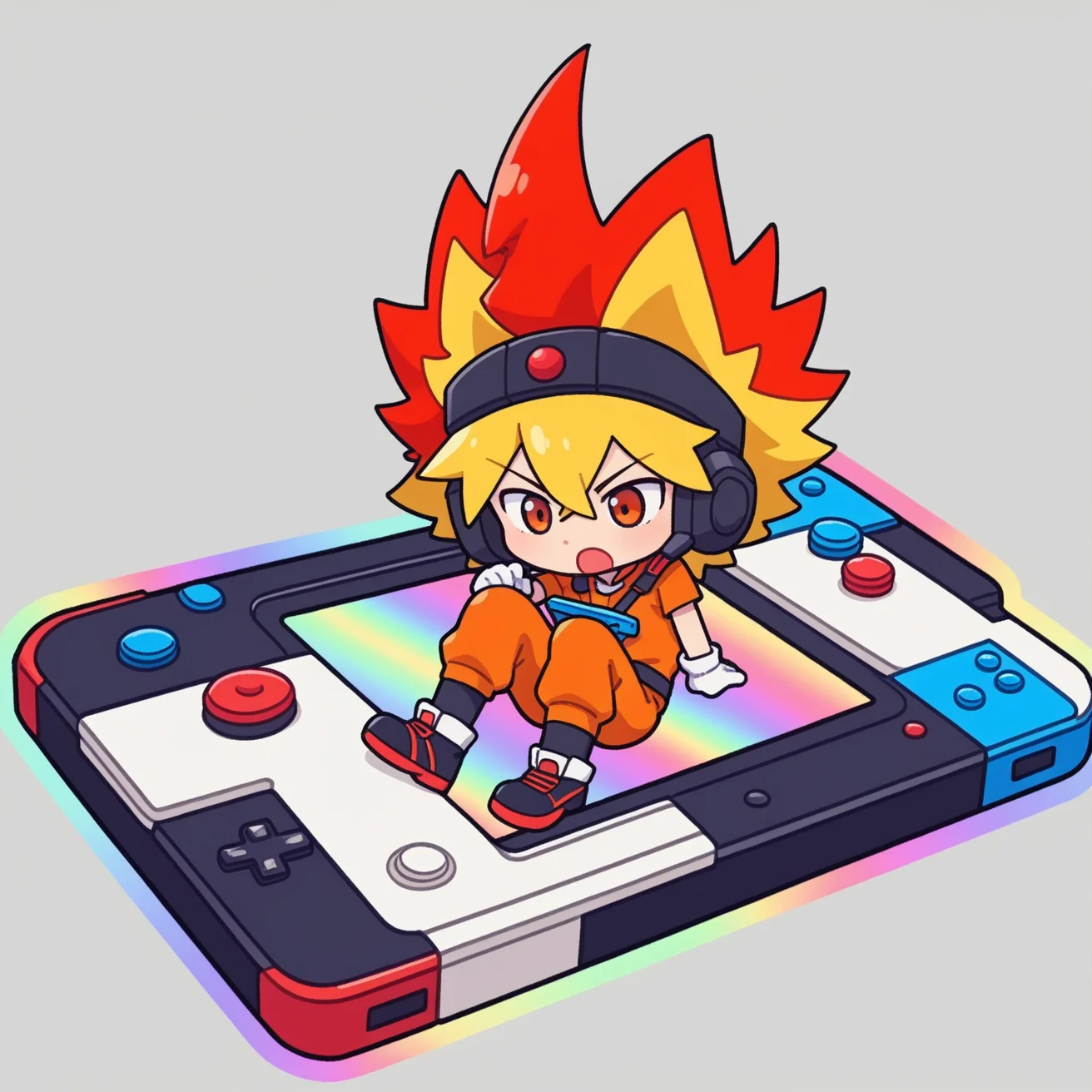 score_9,score_8_up,score_7_up,score_6_up,source_anime,masterpiece,best quality,high-detailed,Ray Tracing BREAK male focus,chibi,(handheld game console:1.1),(nintendo switch:1.1),(game boy:1.1),grey background,^_^,<lora:youxiji:0.7>,1boy,(solo:1.2),masterpiece,best quality,amazing quality,best aesthetic,absurdres,intricate details,male_focus,open_mouth,spiked_hair,solo,orange_shirt,gloves,red_hair,multicolored_hair,headwear,orange eyes,multicolored hair,red hair,yellow hair,orange pants,shoes,white and black footwear,<lora:youfei:0.8>,sitting,black socks,
