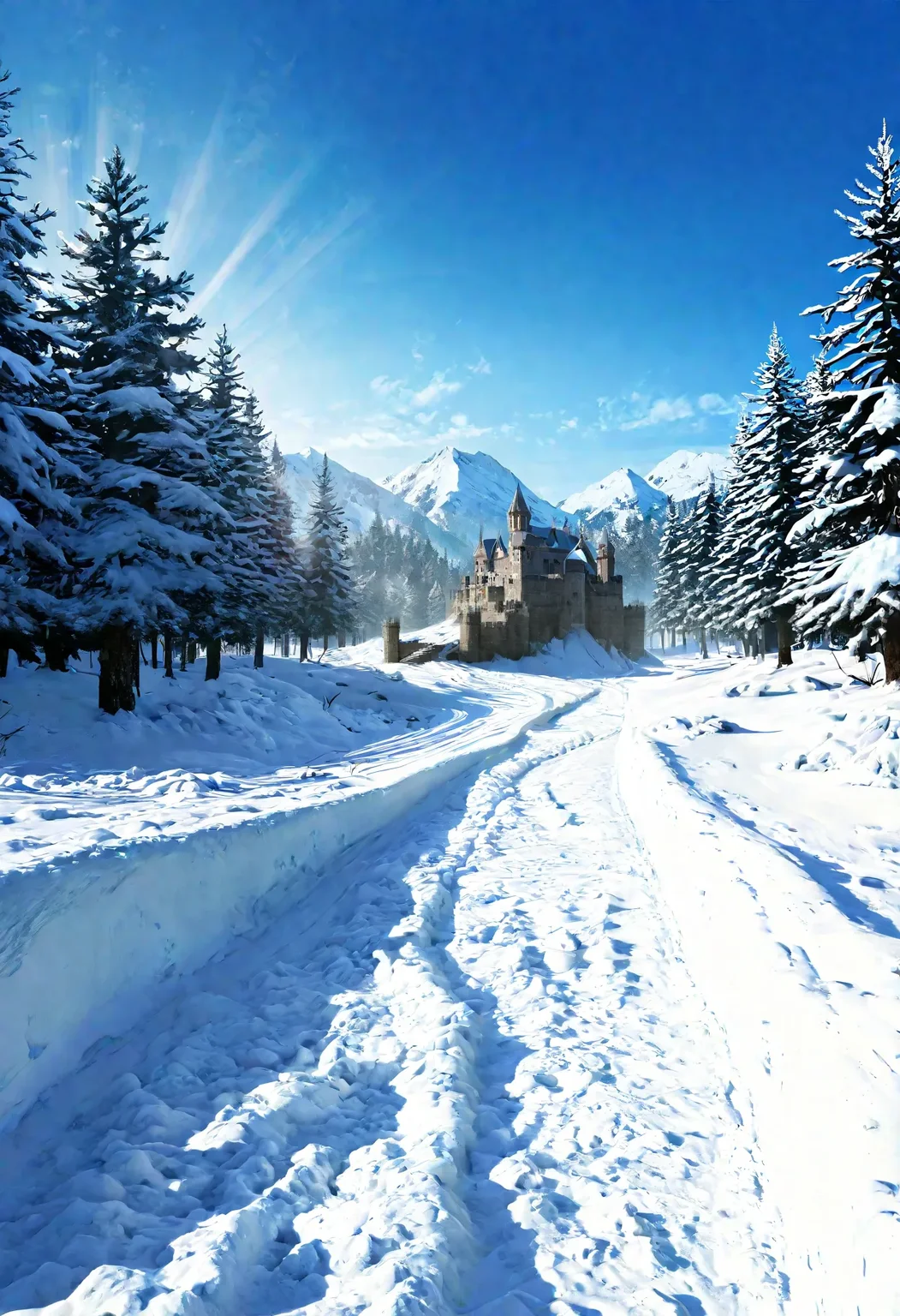 masterpiece, best quality, newest, absurdres, highres, safe, beautiful lighting, detailed, realistic, photo, photorealism, absurd res, newest, hi res, very awa, very aesthetic, sharp lighting, beautiful lighting, BREAK,
heroes2, landscape, from above, snowy terrain, snow-covered ground, dense forest, evergreen trees, scattered rocks, patches of grass, winter forest, blue sky, cold woodland, trees, pinetrees, clearing, castle in distance, fantasy,
,
<lora:HoMMv6_Illust-8s98:0.8>