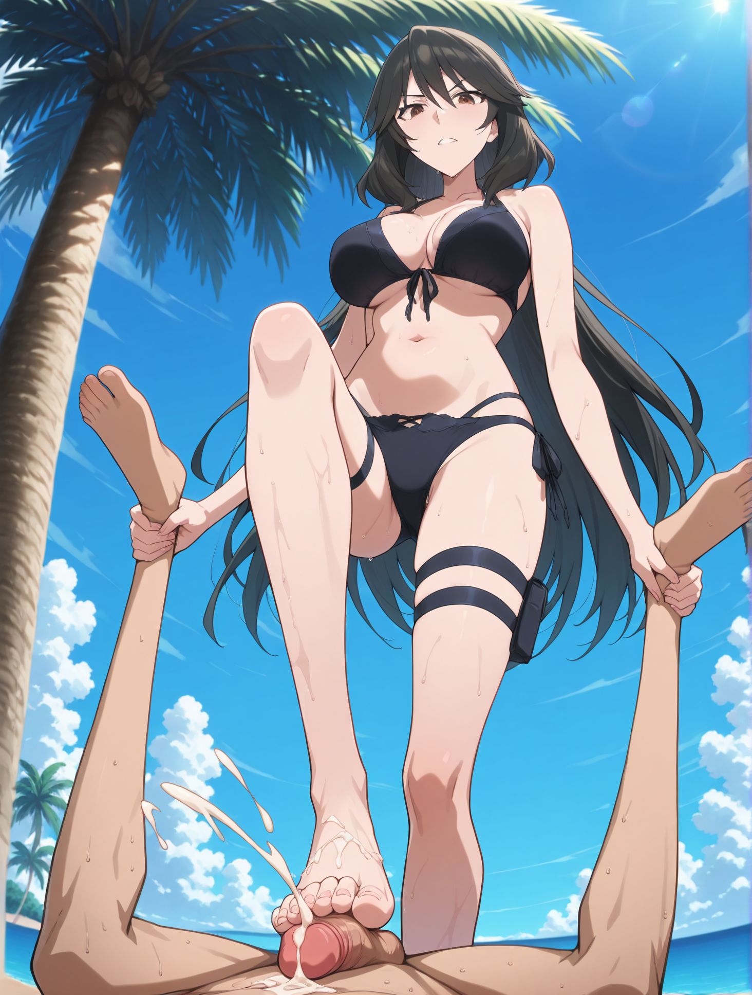 masterpiece, best quality, newest, absurdres, highres, detailed eyes, beautiful, detailed background, perfect eyes, anime coloring, anime screencap,
<lora:Thigh_Sex:1>Thigh_SexV1,
footjob, 1girl, 1boy, pov, from below, penis, 
looking down, toes, 5 toes,  cum, ejaculate, femdom, 
 holding legs, ankle grab,
stepped on,
BREAK
ocean, tree, blue sky, 
mm,mature female,black hair,brown eyes,long hair,,large breasts, black bikini,wet,thigh strap, 
<lora:Chifuyu_Orimura-Infinite_Stratos:0.8>
BREAK
fatman, ugly man, bald,faceless male,