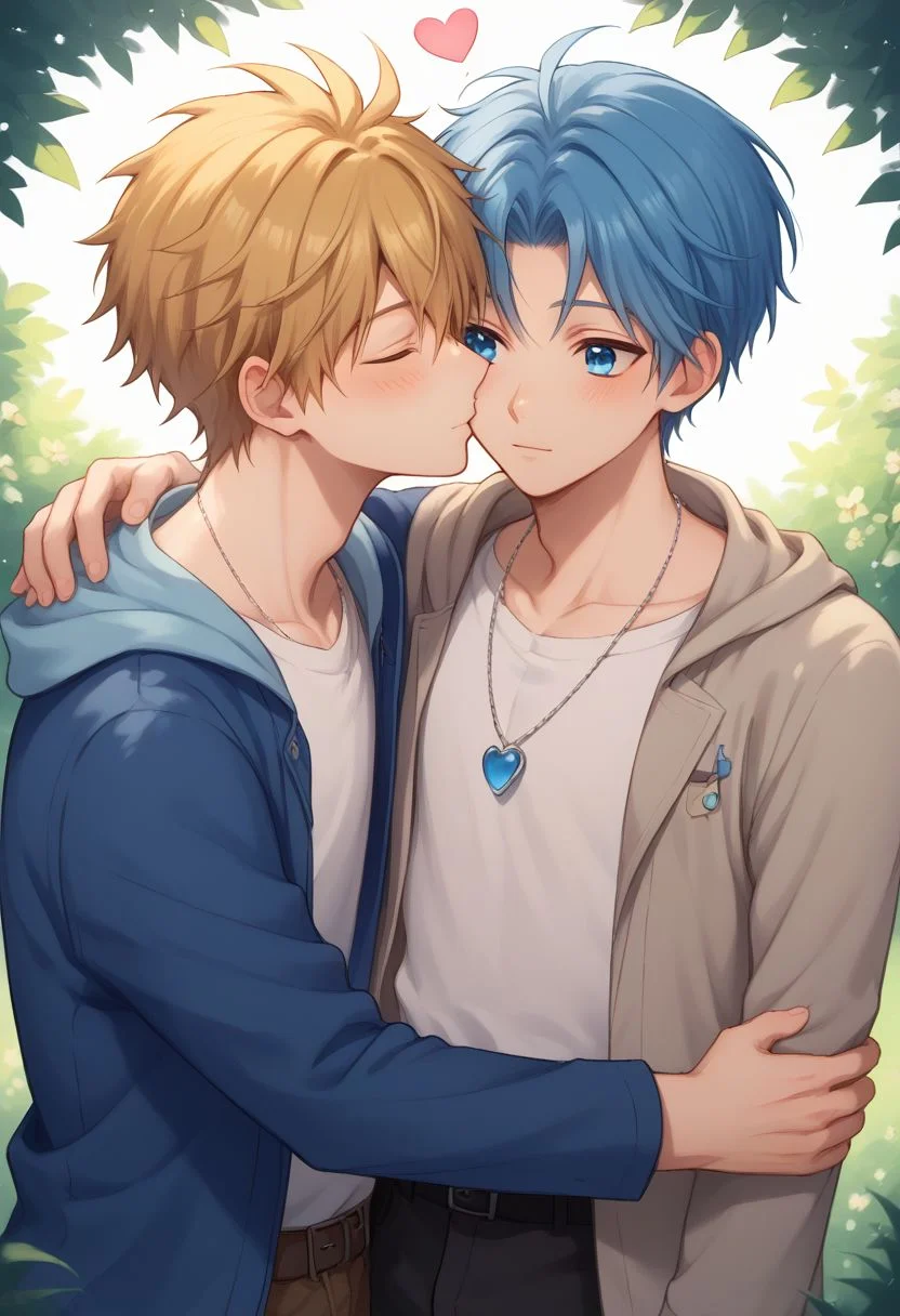 score_9, score_8_up, source_anime, highly detailed, 2boys,
2boys, male focus, yaoi, hug, blue eyes, heart, closed eyes, necklace, kissing
cheeck,
outdoor,