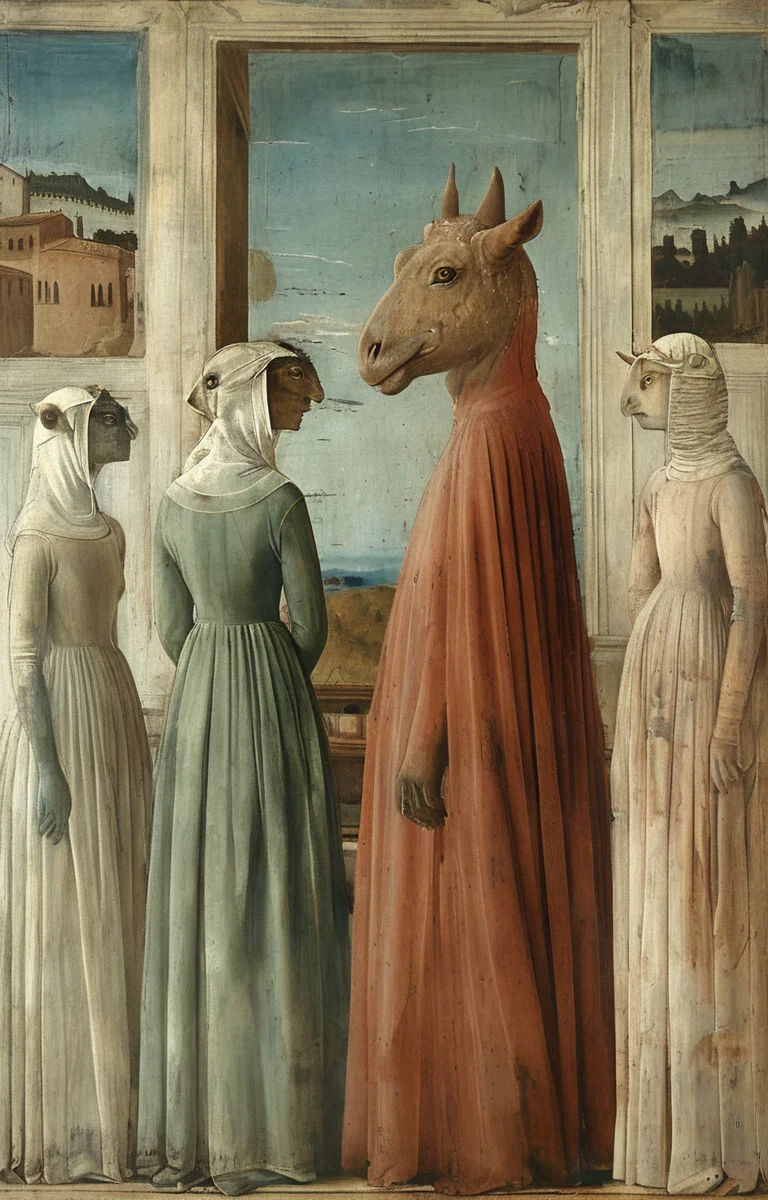 masterpiece,best quality,<lora:tbh194-sdxl:0.9>,illustration,style of Piero della Francesca animals