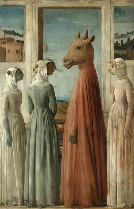 masterpiece,best quality,<lora:tbh194-sdxl:0.9>,illustration,style of Piero della Francesca animals