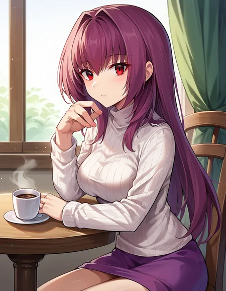 score_9, score_8_up, score_7_up, source_anime,
scathach, <lora:scathach-ponyxl-lora-nochekaiser:1>,
scathach, long hair, purple hair, red eyes,
long sleeves, ribbed sweater, sweater, turtleneck, turtleneck sweater, white sweater,
indoors, chair, sitting, table, coffee,
looking at viewer, dutch angle, cowboy shot,