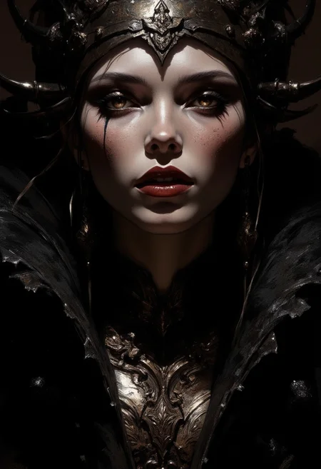 An atmospheric and powerful dark fantasy, natural organic and impressionist classical-style painting. face closeup of an succubus woman. she is graceful and poised. her strong facial features are sleek. her eyes gaze intensely into the viewers soul. her carmine red lips, parted and seductive. a massive metal choker adorns her neck, seemingly restrained. she is surrounded by deep black, only her face and neck emerging from the shadows. the split lighting an appreciation of rembrandt's masterpieces.
