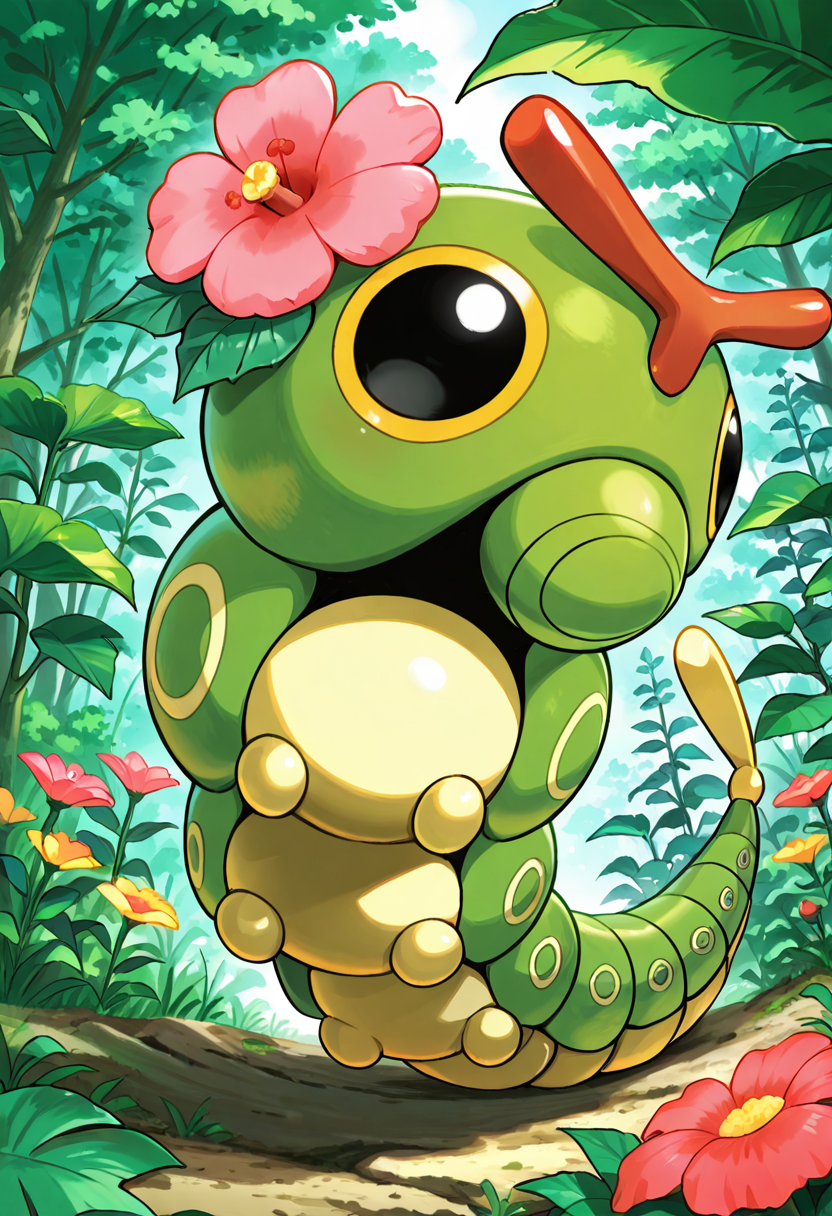 masterpiece, best quality, no humans,   ,<lora:CaterpiePokedex_IXL:1.0>,   zzCaterpie, full body, flower, outdoors, day, black eyes, leaf