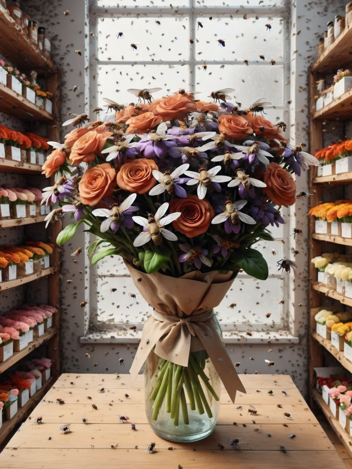 ais-flyz on a bouquet of flowers, in a quaint flower shop <lora:Flies_Style_SDXL:1>