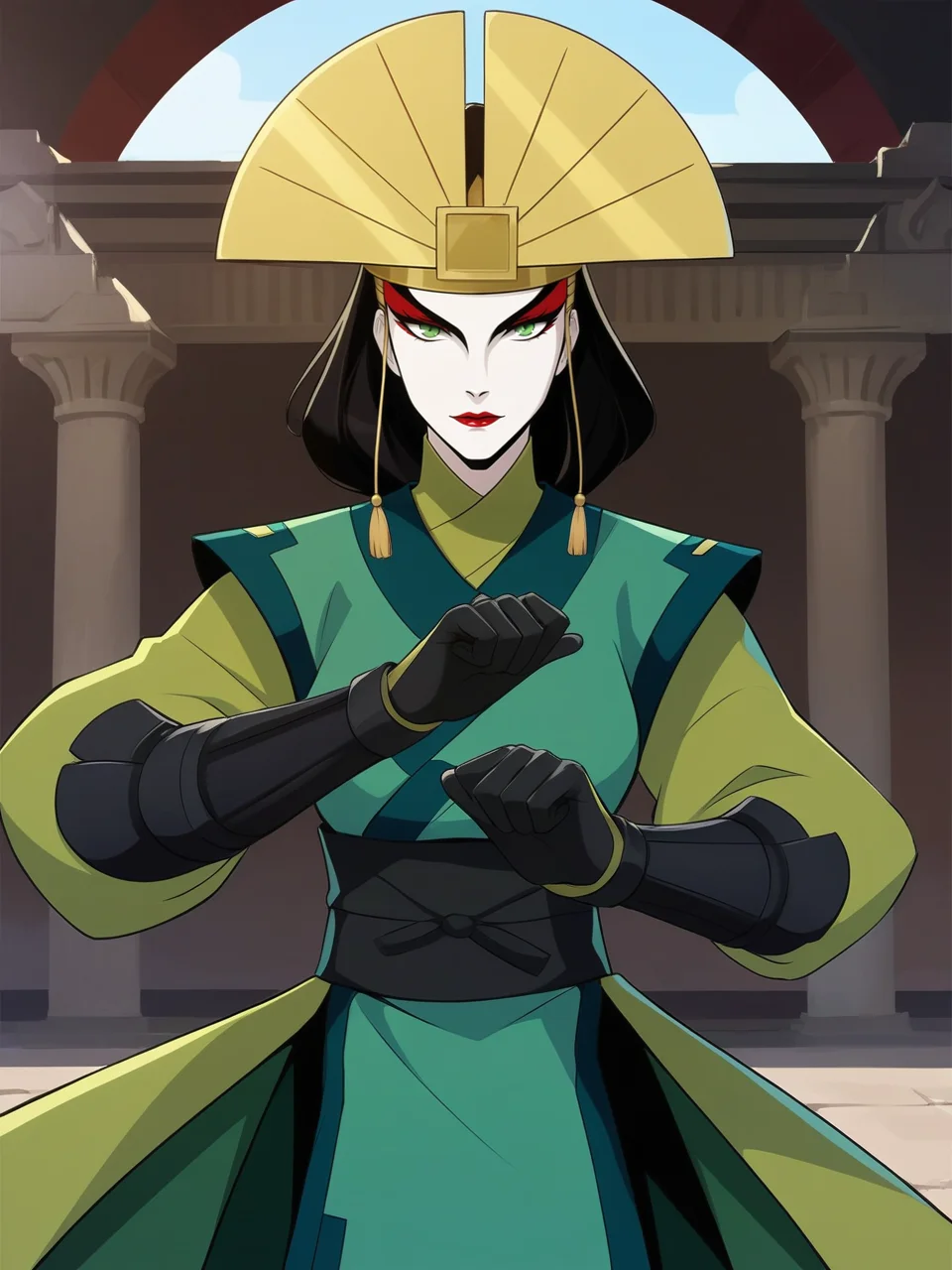 score_9, score_8_up, score_7_up, score_6_up, source_anime, expressiveh,
1girl, ky0shi, white makeup, red makeup,  fan headwear, red lipstick,  holding fans, Ky0shi outfit, green robe, fighting stance,   black gloves, eyeliner, summer day,  expressionless, temple <lora:kyoshi:0.75> perfect hands, <lora:Expressive_H:0.2>  <lora:add-detail-xl:0.1>