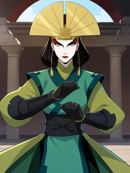 score_9, score_8_up, score_7_up, score_6_up, source_anime, expressiveh,
1girl, ky0shi, white makeup, red makeup, fan headwear, red lipstick, holding fans, Ky0shi outfit, green robe, fighting stance, black gloves, eyeliner, summer day, expressionless, temple <lora:kyoshi:0.75> perfect hands, <lora:Expressive_H:0.2> <lora:add-detail-xl:0.1>