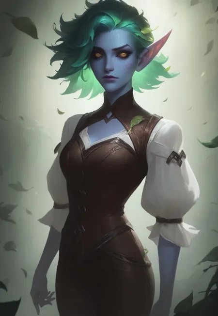 (score_9, score_8_up, score_7_up), missfortune, detailed_eye_model, concept art, realistic, Lol style, league of legends style, lol, league of legends, BREAK, 1woman, cowboy-shot, dramatic lights, clear eyes, sharp eyes, high quality eyes, high resolution eyes, detailed eyes, looking at viewer, eye contact, ((Elf, pointed ears, freckles on face, beautiful, detailed face, beautiful face, blue skin, golden eyes, green hair, leaves in hair, leaves)), neck-length hair, loose hair, leafy hair, ((white shirt, flowy sleeves)), ((brown corset, brown leather pants)), belt, ((blue skin)), ((freckles on face)),