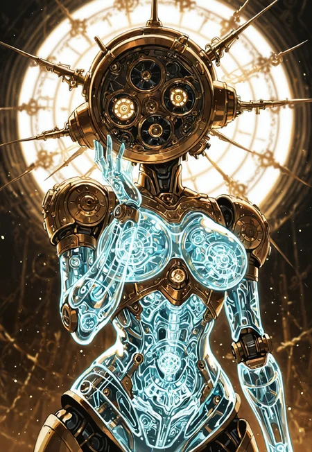 masterpiece, best quality, amazing quality,  high resolution, aesthetic,  robot girl, ((robot body)), robot joints, proud, medium breasts, wide hips, metal body, angelic, glowing white details, gold details, rim lighting, pretty hair, scifi, portrait, transparent body, vintage robot, steampunk, wide robot head, inhuman head, hand on face