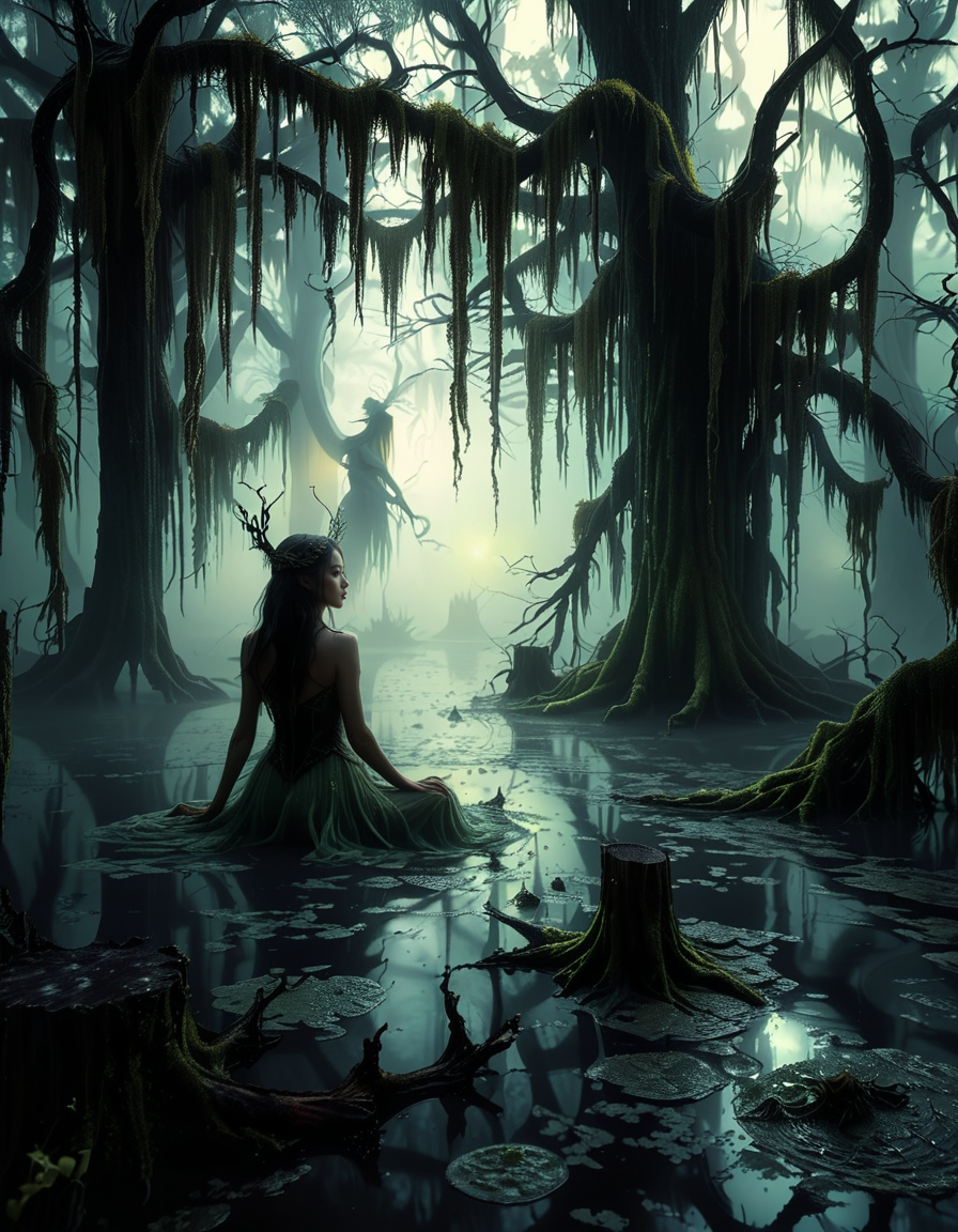 A demonic fairy woman sitting gracefully in an ominous swamp,0m1n0us sw4mp. She has a hauntingly beautiful appearance, with translucent, tattered wings resembling those of an insect, glowing faintly in a dark, eerie hue. Her skin is pale with subtle, intricate patterns like magical runes etched into it, and her eyes glow with an unsettling red or violet light. She wears an ethereal, dark gown made of shredded, otherworldly fabric that appears to flow like smoke, blending with the mist of the swamp. Her hair is long, wild, and black with streaks of silvery white, floating slightly as if affected by unseen magical energy.
The swamp around her is dark and foreboding, with twisted, gnarled trees reaching out like claws. The water is murky, reflecting a pale, sickly green glow from bioluminescent plants and fungi scattered throughout. The air is filled with a faint, ghostly mist, and strange, faint lights hover in the background, adding a mystical atmosphere. The lighting is dim, with a soft, ethereal glow illuminating the fairy woman from below, contrasting with the deep shadows of the swamp. The mood is dark, mysterious, and magical, evoking both beauty and menace.<lora:SDXLFaeTastic2400:0.4> <lora:extremely_detailed:0.4> extremely detailed, <lora:0m1n0us_sw4mp:1>, Masterpiece,best quality,hi res,8k,hi res,8k,award winning,(sharp focus, intricate, highly detailed),