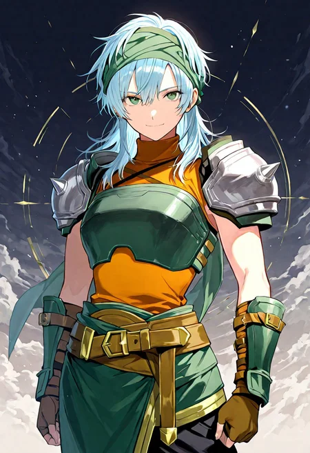 (score_9, score_8, score_7), masterwork, masterpiece, best quality, beautiful eyes, beautiful face, detailed eyes,detailed face,echidna01, light blue hair, green eyes,short spiky hair, green headband, sharp eyes, dark green chest armor, orange sleeveless turtleneck top, brown leather straps, silver shoulder armor with spikes, green asymmetrical skirt with yellow trim, side slits, brown belt with gold buckle, green waist scarf, black pants, silver knee guards, green shin guards with yellow straps, brown fingerless gloves
