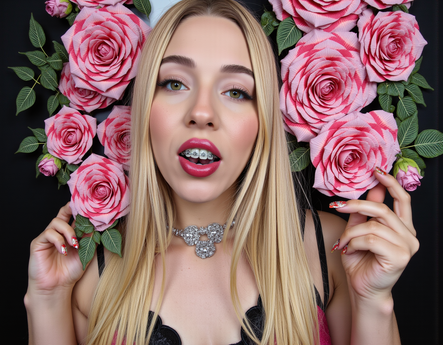 masterpiece, 8k, HDR, 3D, best quality, photograph, analog style, real life, extremely beautiful, (highly detailed, intricately detailed), (highly detailed skin), (alluring eyes), a digital image of a painting made with pink roses with polka dots to make stickers, leaf, still life, decorated with lace and small green leaves wonderful vintage rose, inside the painting (1girl), small waist, (long straight pastel cream pink hair), green eyes, mascara, red lips with glitter, half-open mouth, exposing her brace on her tooth. showing her long nails decorated with hearts and stars in red and gold, black background