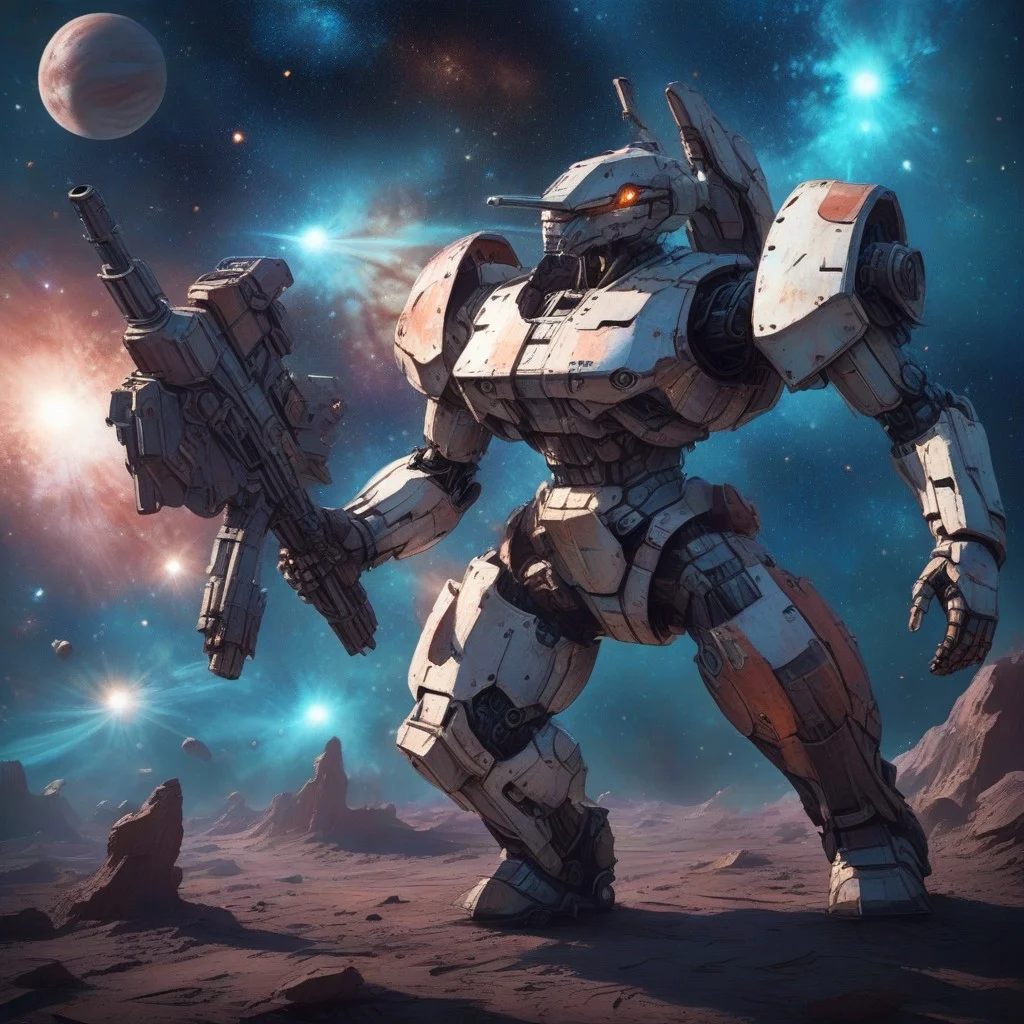 lazympos,
mecha,made of copper,science fiction,no humans,glowing,retro artstyle,space,star \(sky\),planet,earth \(planet\),space craft,starry sky,weapon,milky way,