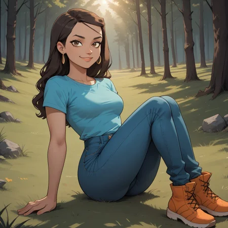 score_9, score_8, BREAK, solo, cyan shirt, 1girl, jeans, dark brown hair, hair buckle, long hair, earrings, dark skin, brown eyes, orange footwear, lips, breasts, total drama, Priya_(Total_Drama), sexy pose, self portrait, smile, outdoors, sunlight, shadows, evening lighting, natural lighting, forest, trees, grass, orange sky, sunset