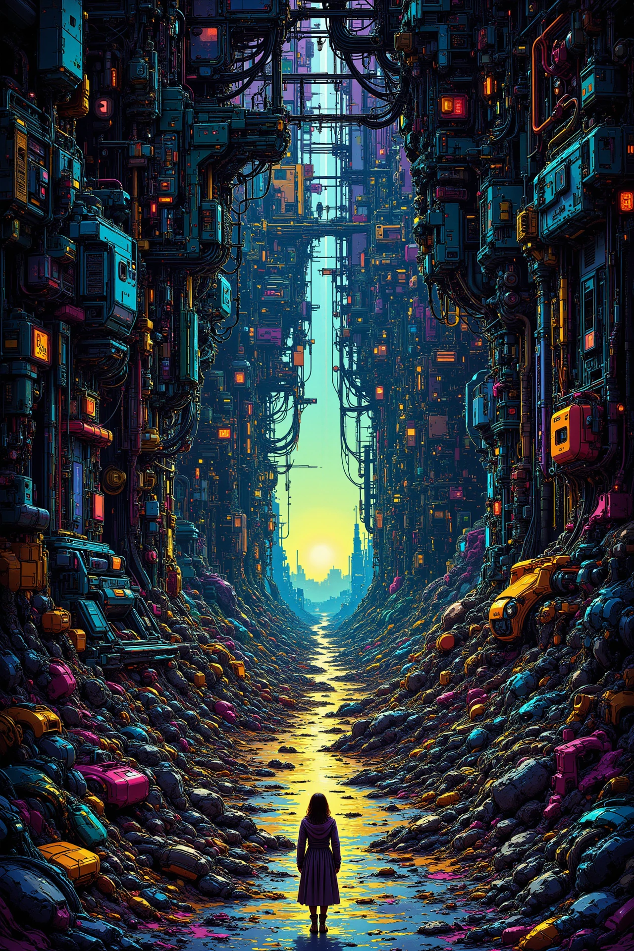 a futuristic world full of machines beautiful  landscape, early morning, woman, very intricate, very detailed, sharp, bright, colorful, <lora:Hand v2:0.5> <lora:Anti-Blur:1><lora:Insane Detail Slider:0.25>  <lora:flux.1_lora_flyway_Epic-detail_v2:0.3> <lora:fluxenhancer:0.25> <lora:ck-Neon-Retrowave:0.4> ck-rw, in the style of ck-rw,  <lora:Neurocore Anime Cyberpunk:0.8> A digital artwork in the style of cknc