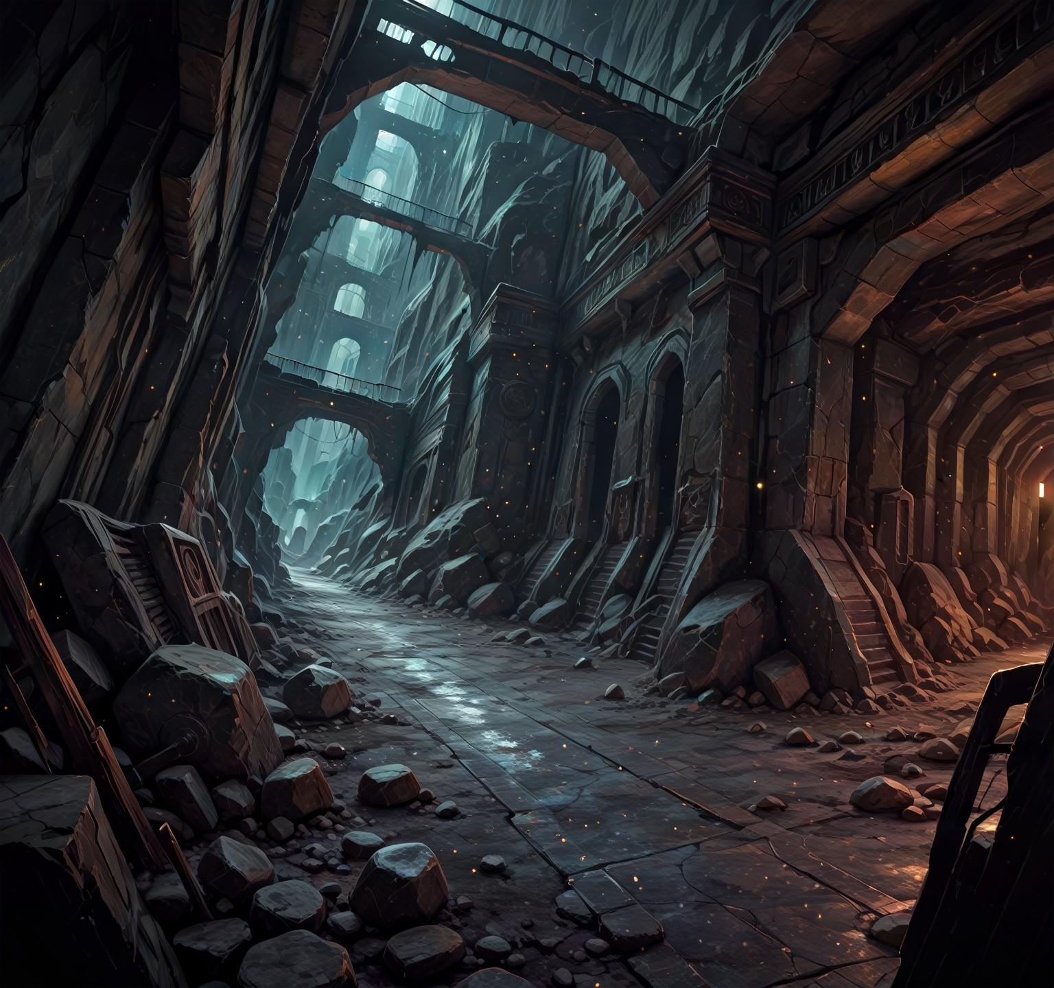 masterpiece, best quality, amazing quality, very aesthetic, absurdres, dark theme, realistic, (underground ruins, ruins, cityscape view, indoors, buildings, dark theme, dynamic angle, detailed background, light particles) 