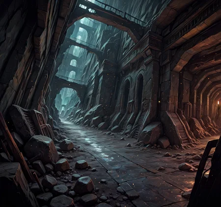 masterpiece, best quality, amazing quality, very aesthetic, absurdres, dark theme, realistic, (underground ruins, ruins, cityscape view, indoors, buildings, dark theme, dynamic angle, detailed background, light particles) 