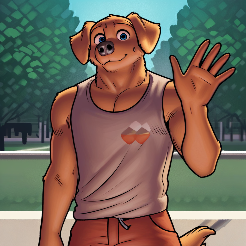 safe_pos, artwork, digital artwork, colourful source_e621, score_9, score_8_up, score_7_up, score_6_up, score_5_up, score_4_up, travis peake, male, dog, dog boy, golden retriever, labrador, blue eyes, dog tail, fullbody, front view, looking at viewer, waving hello at viewer, after excersice, sweat, sweating, sweaty, tanktop, shorts, detailed, detailed background, outdoors, outside, park, clothed, clothed, excellent detail, perfect detail, perfect eyes, perfect face, perfect mouth, animal, natural lighting,
