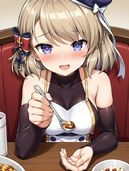 elbow on table, 
1girl,z23 \(azur lane\), 
feeding,looking at viewer,incoming food,holding spoon,blush,shy,smile,,open mouth,
pov