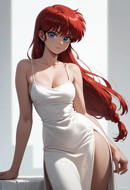 score_9, score_8_up, score_7_up, score_6_up, score_5_up, score_4_up, ranmachan, ranma 1/2, red hair, long hair, blue eyes, Jedstndr, Satin Slip Dress, spaghetti straps, midi length, side slit, sexy posing, <lora:Satindress:0.7>,