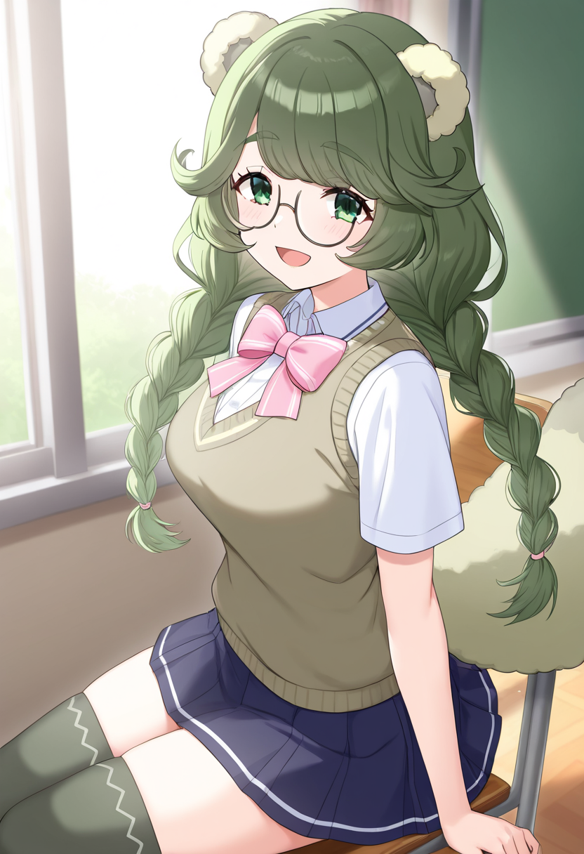 1girl,solo,<lora:pokoeil:0.9>,pokoe_(show_by_rock!!),animal ears,green eyes,twin braids,glasses,long hair,green hair,raccoon tail,school uniform,short sleeves,shirt,brown sweater vest,pink bow,black thighhighs,pleated_skirt,looking_at_viewer,cowboy_shot,from_side,classroom,day,windows,smile,open mouth,sitting,sitting_on_chair,masterpiece,best quality,good quality,newest,incredibly absurdres,