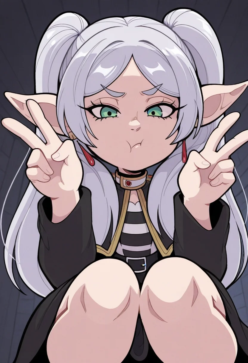 p4n1c3dstyle, masterpiece, best quality, solo, frieren, sousou no frieren, twintails, green eyes, pov from below, squatting, goth, mascara, pout, double v,