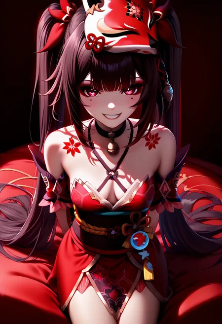 Sparkleee_Honkai
red_eyes, black_hair, twintails, long_hair, mole_under_eye, tattoo, small_breasts, neck_bell, halterneck, black_choker, mask_on_head, black_sash, bare_shoulders, cleavage, detached_sleeves, red_dress, tassel
DNDFG, Detailed drawing
1 solo girl, sit on big red pillow, look at viewer, grin smile, teasing, hands behind back, look from above
Dark-red room background, plushes toys. toys,  detailed room. detailed background, detailed
