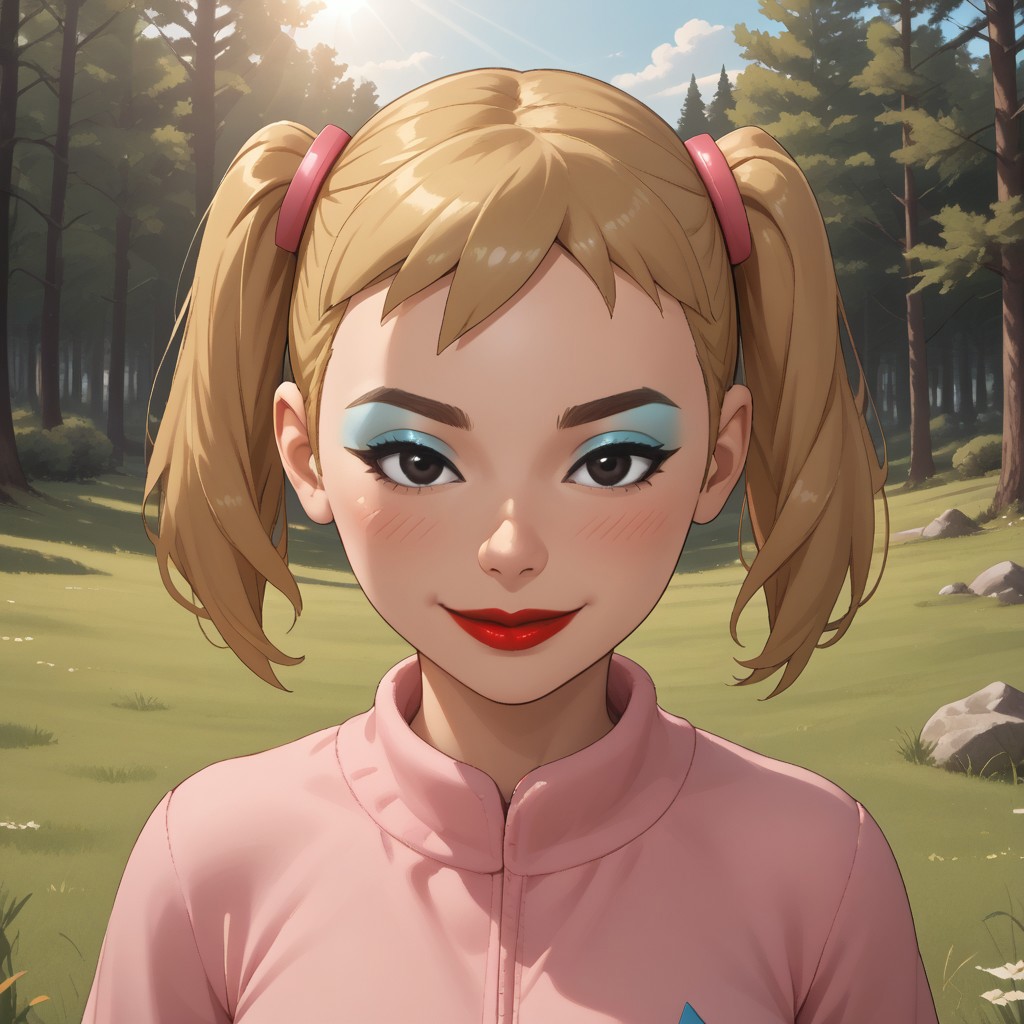 score_9, score_8, BREAK, solo, wii, mii, wii sports, 1girl, female mii, cute, blonde hair, twintails, brown eyebrows, makeup, blush, blue eyeshadow, red lips, lipstick, pink clothing, white pants, shoes, breasts, nintendo mii, modern_mii, classic_mii, Miyuki_(OC_Mii), black eyes, self portrait, smile, outdoors, sunlight, shadows, evening lighting, natural lighting, forest, trees, grass, orange sky, sunset