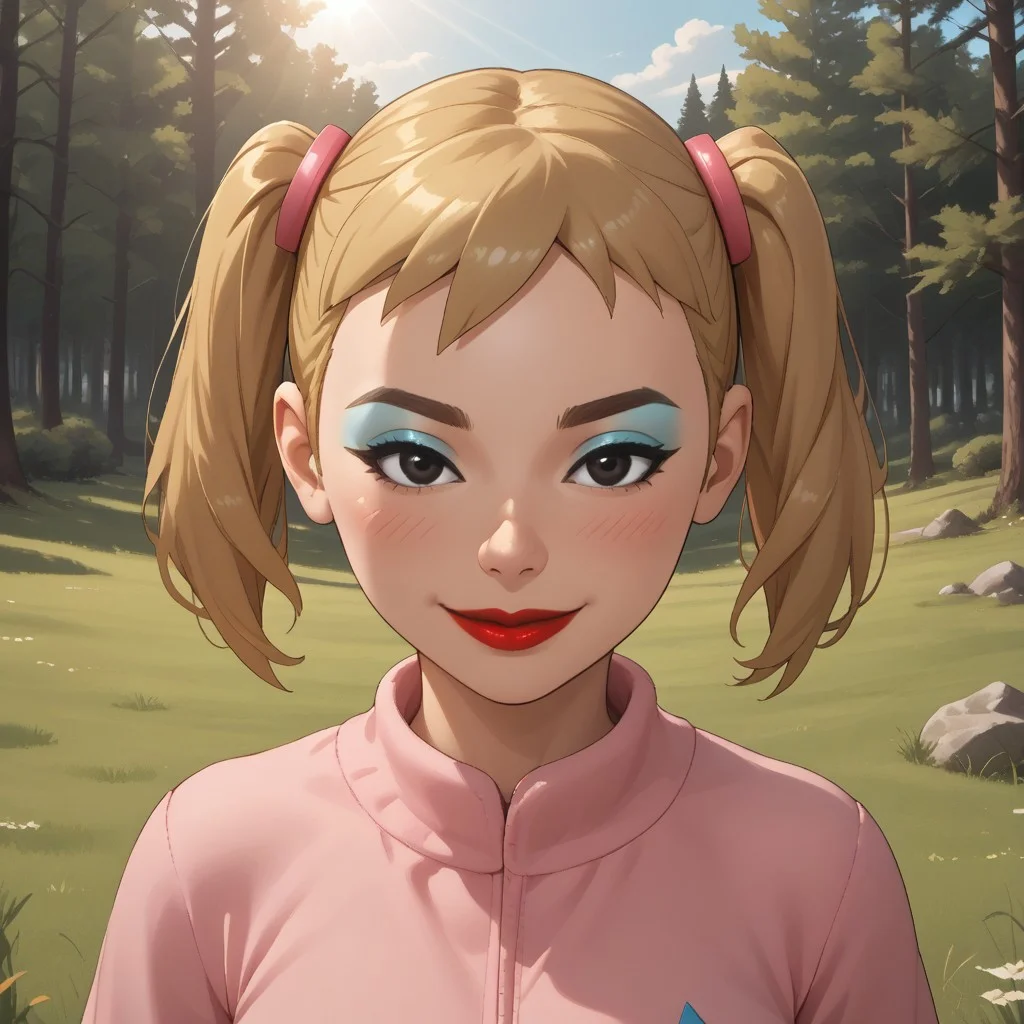 score_9, score_8, BREAK, solo, wii, mii, wii sports, 1girl, female mii, cute, blonde hair, twintails, brown eyebrows, makeup, blush, blue eyeshadow, red lips, lipstick, pink clothing, white pants, shoes, breasts, nintendo mii, modern_mii, classic_mii, Miyuki_(OC_Mii), black eyes, self portrait, smile, outdoors, sunlight, shadows, evening lighting, natural lighting, forest, trees, grass, orange sky, sunset