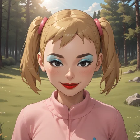 score_9, score_8, BREAK, solo, wii, mii, wii sports, 1girl, female mii, cute, blonde hair, twintails, brown eyebrows, makeup, blush, blue eyeshadow, red lips, lipstick, pink clothing, white pants, shoes, breasts, nintendo mii, modern_mii, classic_mii, Miyuki_(OC_Mii), black eyes, self portrait, smile, outdoors, sunlight, shadows, evening lighting, natural lighting, forest, trees, grass, orange sky, sunset