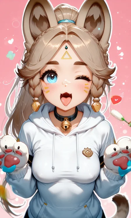 masterpiece, cute, lovely, (best quality:1.3), best quality, (amazing quality:1.3) ,very aesthetic, high resolution, absurdres, newest, 1girl, solo, perfect eyes, intricate eyes, Kachina_Genshin, animal ears, long hair, braid, high ponytail, brown hair, thick eyebrows, facial mark, blue eyes, parted bangs, tattoo, animal_tail, very cute, light particles, cute details, cute colors, (medium_breasts:1.3), BREAK, :3, animal hands, bell,blush, cat paws, cat teaser, gloves, hood, hoodie, motion blur, neck bell, one eye closed, open mouth, outline, paw gloves, pink background, tongue, tongue out, white hoodie, close hoodie, safe