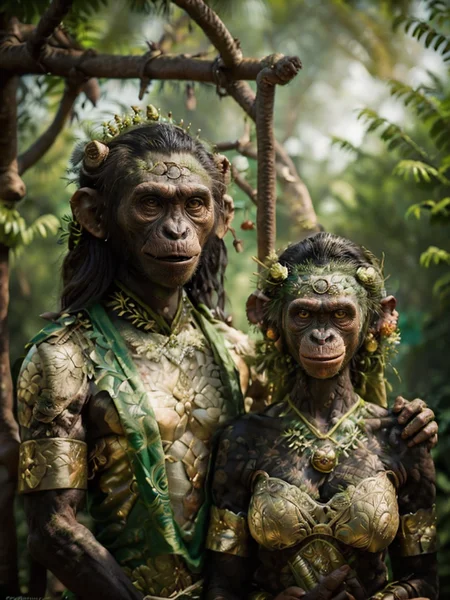 wedding party couple,<lora:wereanimal:0.8>,beautiful chimp werecreature,smile512,<lora:ARWJavaWeddingWoman:0.6>,portrait of java wedding woman in a green long kebaya traditional,beautiful javanese treehouse background,<lora:SavageVillage:0.3>,SaVi,<lora:NatureStyle_530620:0.2>,naturestyle,<lora:FantasyForest:0.4>,FanFo,photo \(object\),bokeh,
