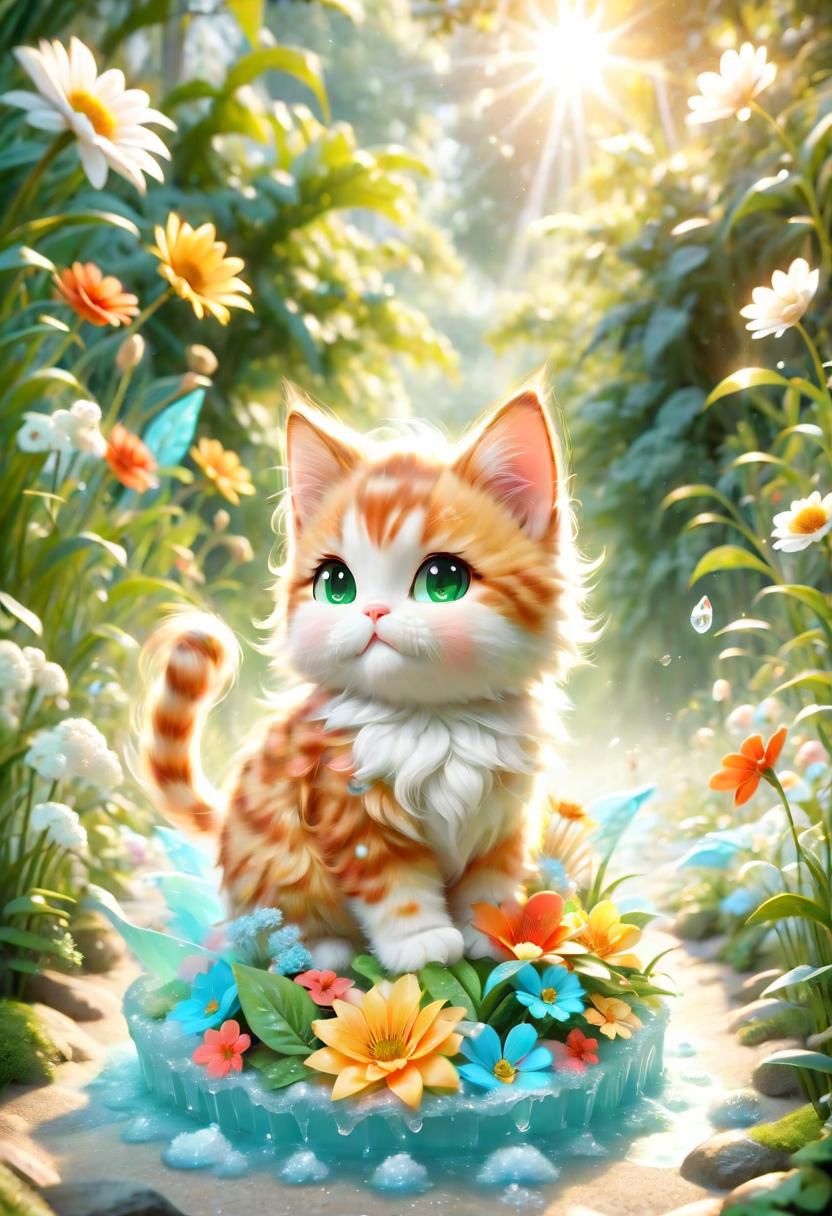 ral-fluff,<lora:ral-fluff:1>,
chibi,masterpiece,best quality,original,official art,cat,flower,blurred background,cartoon rendering,beautiful detailed glow,(detailed ice),beautiful detailed sun,sunny, blurred flower, happy, big grin
