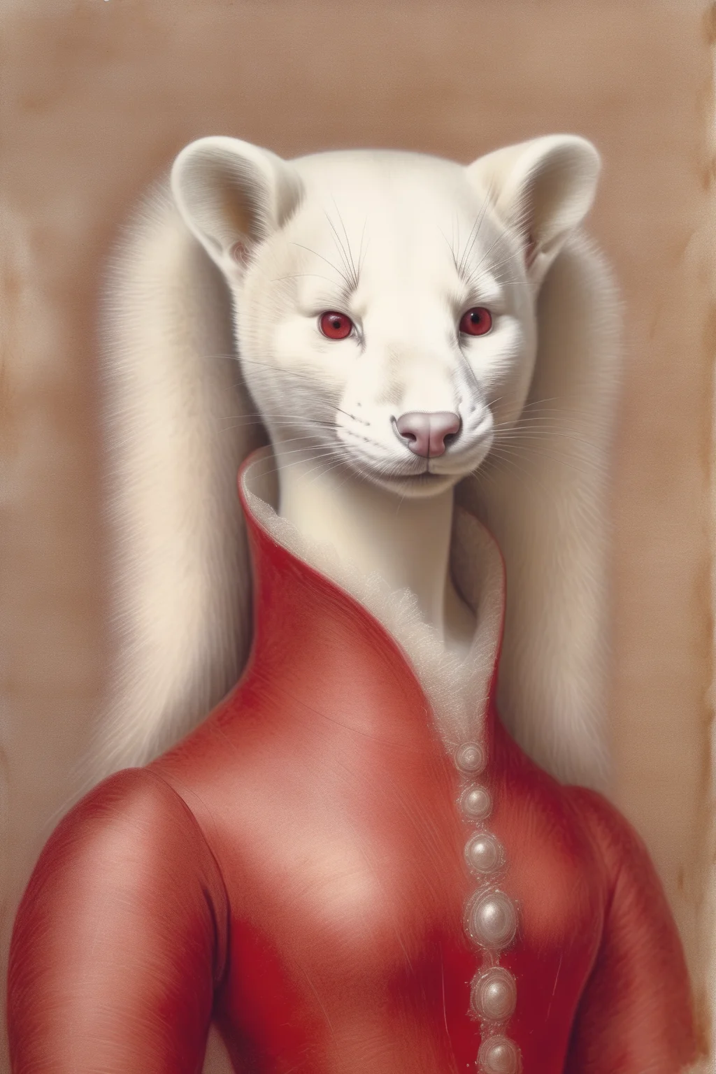 <lora:Sofonisba Anguissola Style:1>Sofonisba Anguissola Style - model sketch ermine female humanoid hybrid, red silverpoint with litle accents of white chalk on old prepared paper