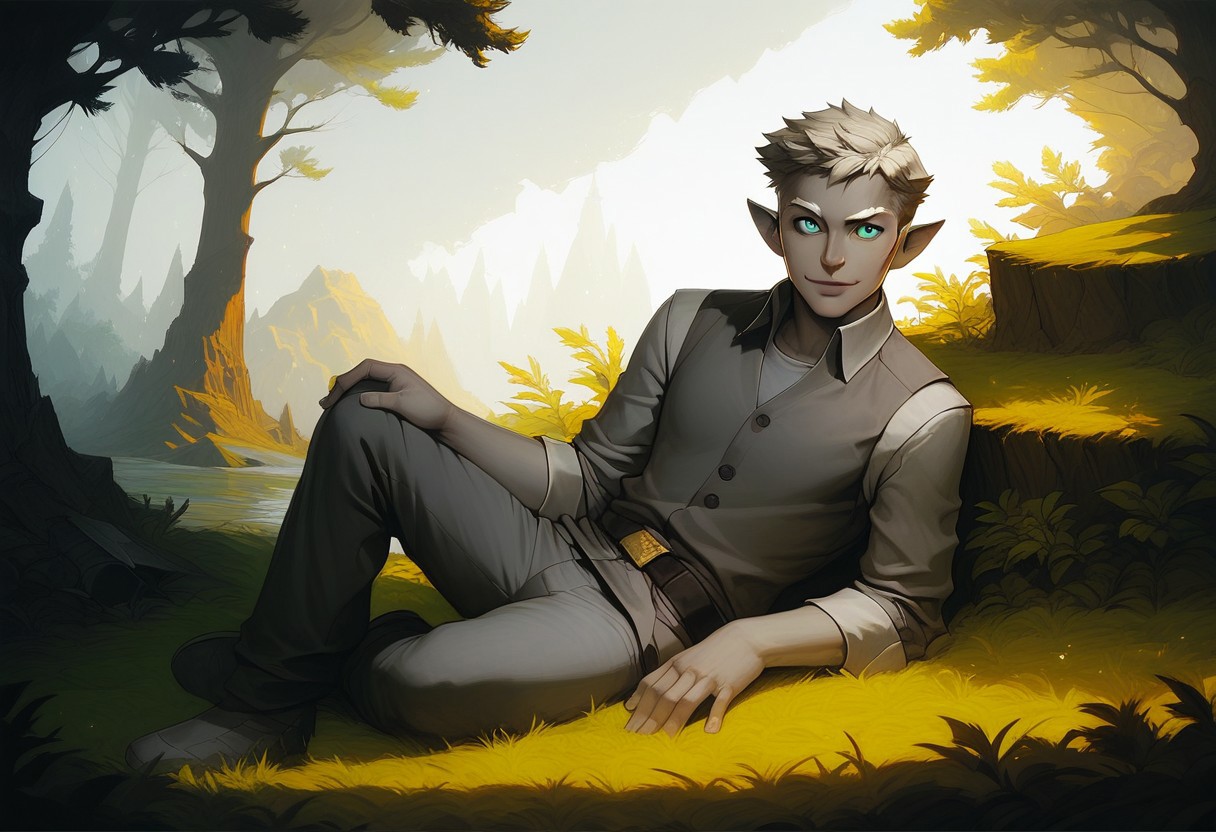 (score_9, score_8_up:1.1), score_7_up, score_9, score_8_up, score_8, score_7_up, dynamic angle, ((full body)), masculine, relaxing, leaning on riverbank, 1boy, solo, sexy, athletic, vox machina style, solo, warlock, fantasy, forest background, (dynamic lighting:1.1) ((masterpiece)), detailed eyes, (((detailed iris))), pupils, perfecteyes, perfect eyes, best quality, ((masterpiece)), sharp cheekbones, gaunt face, defined cheekbones, 28 years old, (adult, mature), hard face, slight smile, ((thin lips)), (half_elf:0.5), dark elf, (((grey skin))), white hair, (((short hair))), professional, (legion haircut), (short cut sides), (short bangs), (((white eyebrows))), light eyebrows, ((((pale grey ((((short)))) tipped ears)))), pointed_ears:0.5, ((short pointed ears)), eyebrow scar on left side of face, cheek scar, ((detailed turquoise eyes))