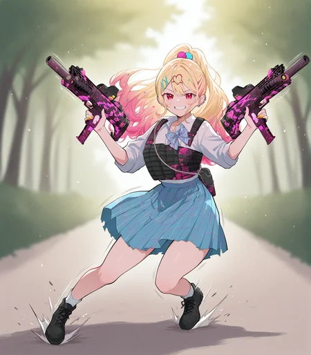 parametersparametersparametersmasterpiece,best quality,newest,absurdres,amazing quality,very aesthetic,depth of field,motion lines,speed lines,
film grain,chromatic aberration,backlighting,dappled sunlight,
from_side,1girl,solo,tackle,full body,dual wielding submachine gun,
<lora:miripoyu(noob):1>,miripoyu,ear piercing,hair ornament,blonde hair,multicolored hair,medium hair,ponytail,red eyes,